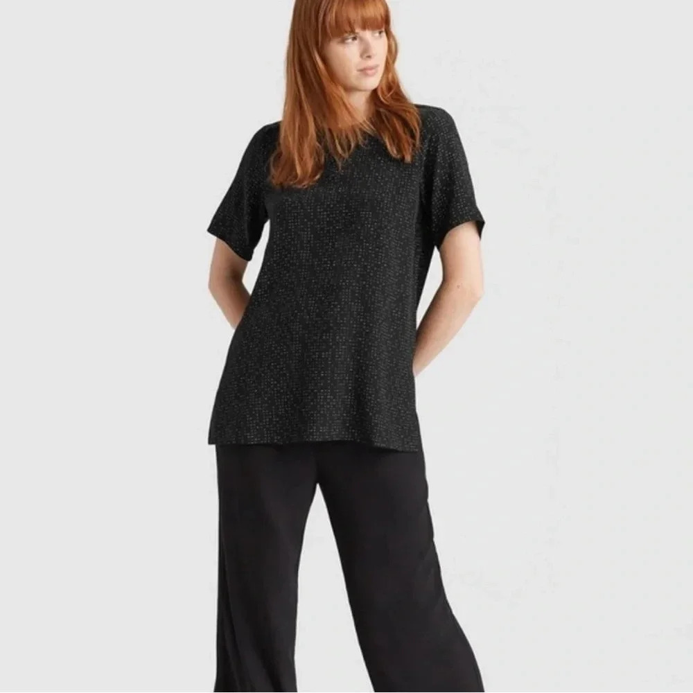 Eileen Fisher Top Womens 10 Black Morse Code Tencel Short Sleeve Blouse Shirt